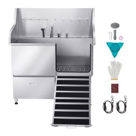 304 Stainless Steel Dog Washing Station, 50 Inch Pet Grooming Tub with Non-Slip Low-Slope Ramp, Storage Drawer, Hot & Cold Faucet 304 Stainless Steel Dog Washing Station, 50 Inch Pet Grooming Tub with Non-Slip Low-Slope Ramp, Storage Drawer, Hot & Cold Faucet